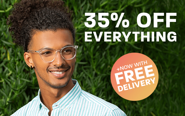 Man in his clear frames happy with 35% off everything now with free delivery